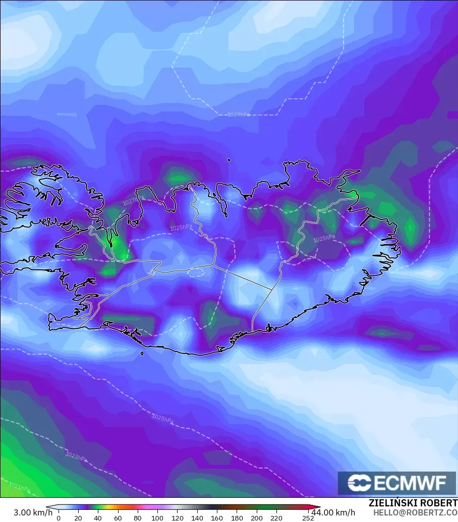 ECMWF IFS 0,25° modelo - Islândia, Rajadas de Vento Máximas