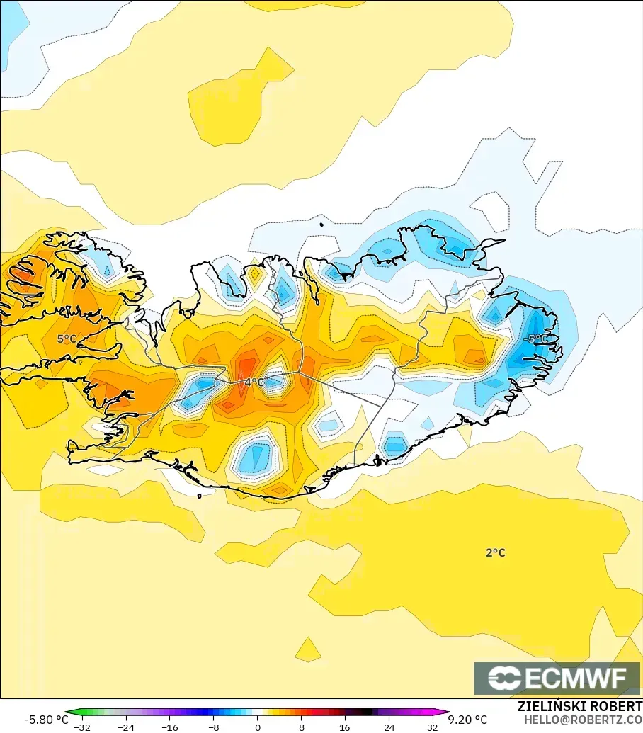 ECMWF IFS 0,25° modelo - Islândia, Anomalia de temperatura a 2 m