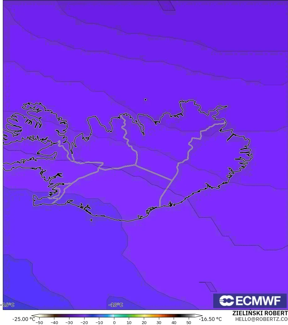 ECMWF IFS 0,25° modelo - Islândia, Temperatura a 500 hPa