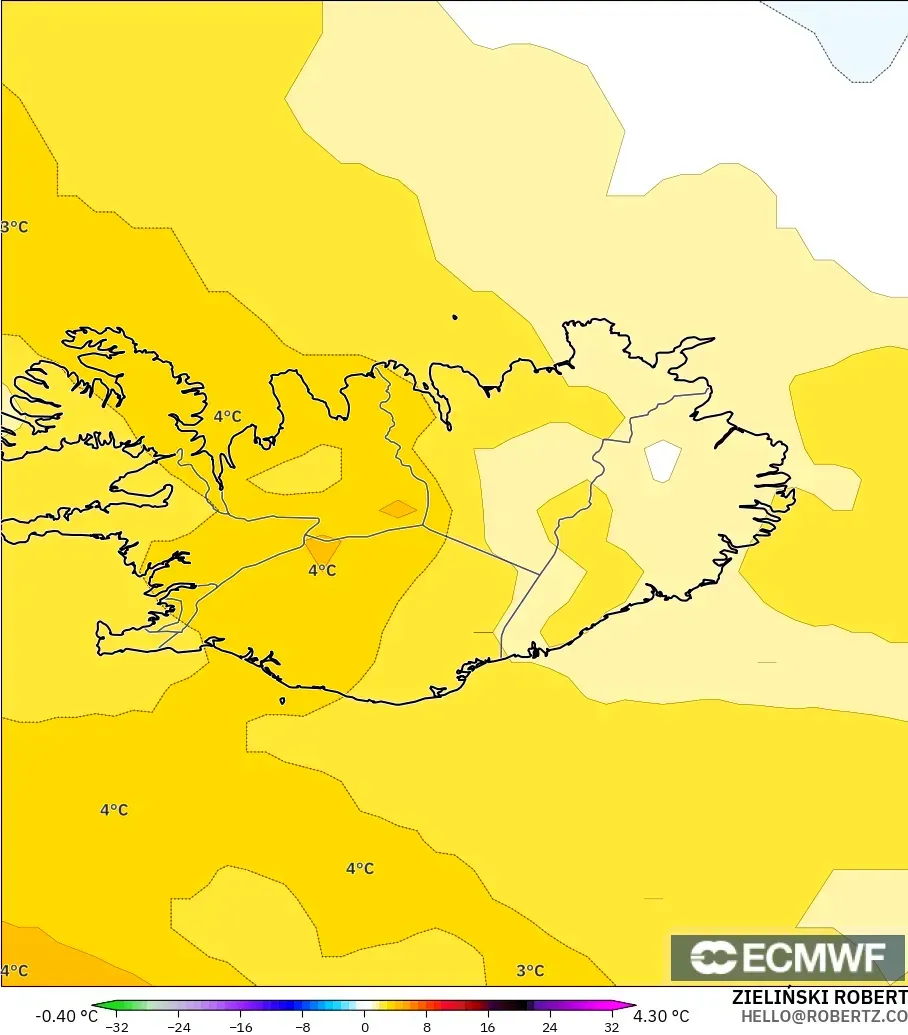ECMWF IFS 0,25° modelo - Islândia, Anomalia de temperatura a 850 hPa