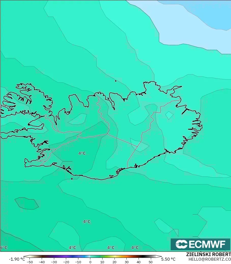 ECMWF IFS 0,25° modelo - Islândia, Temperatura a 850 hPa