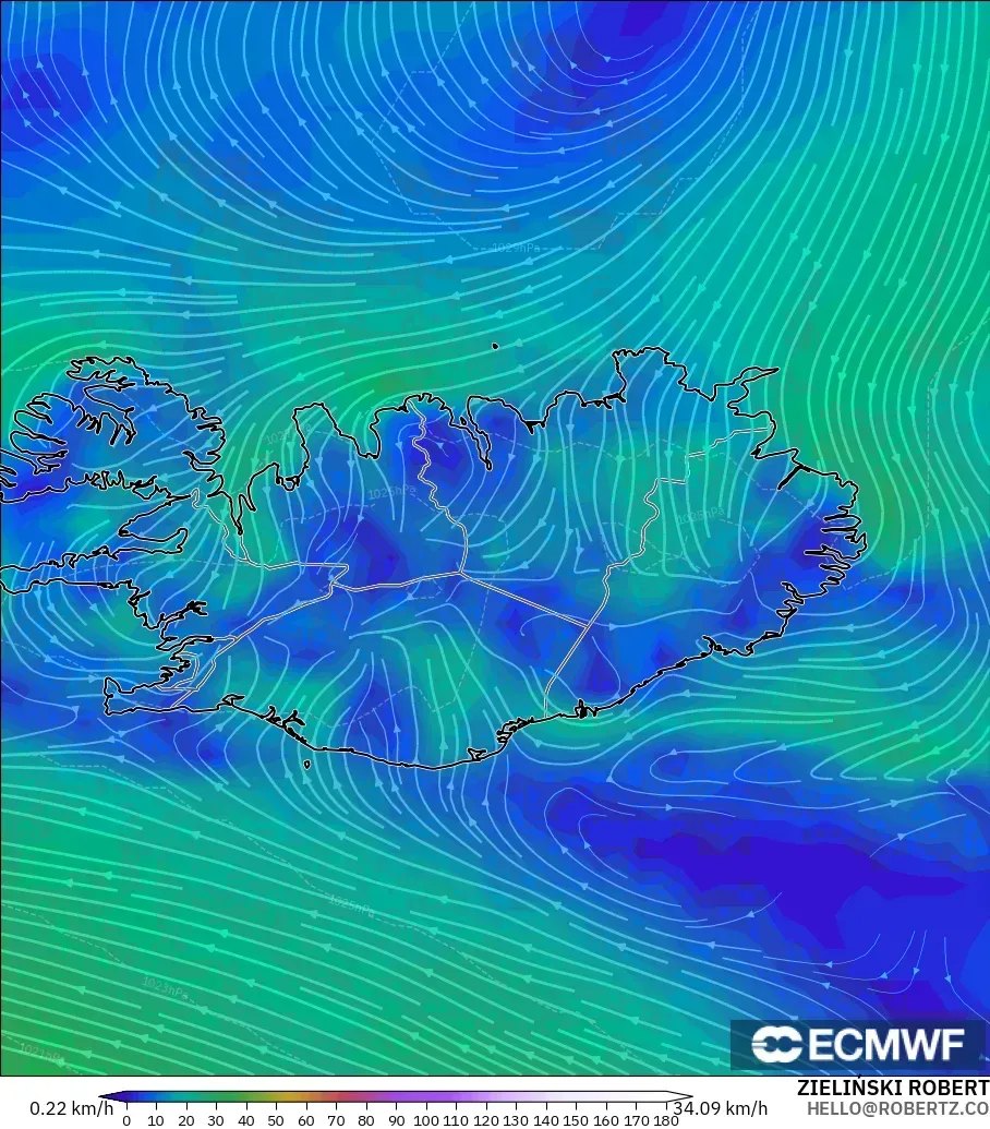 ECMWF IFS 0,25° modelo - Islândia, Vento a 10 m