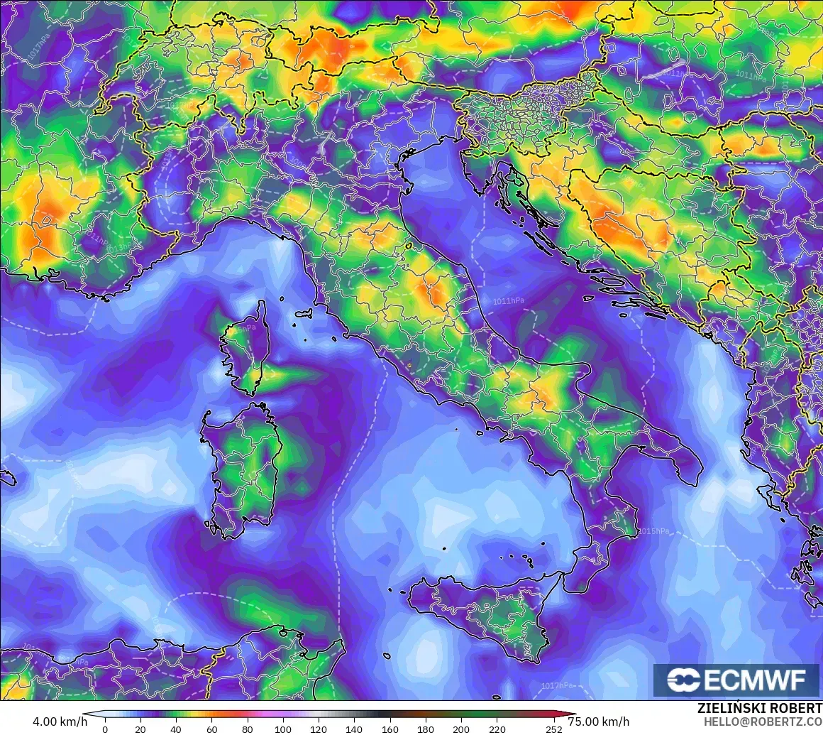 ECMWF IFS 0,25° modelo - Itália, Rajadas de Vento Máximas