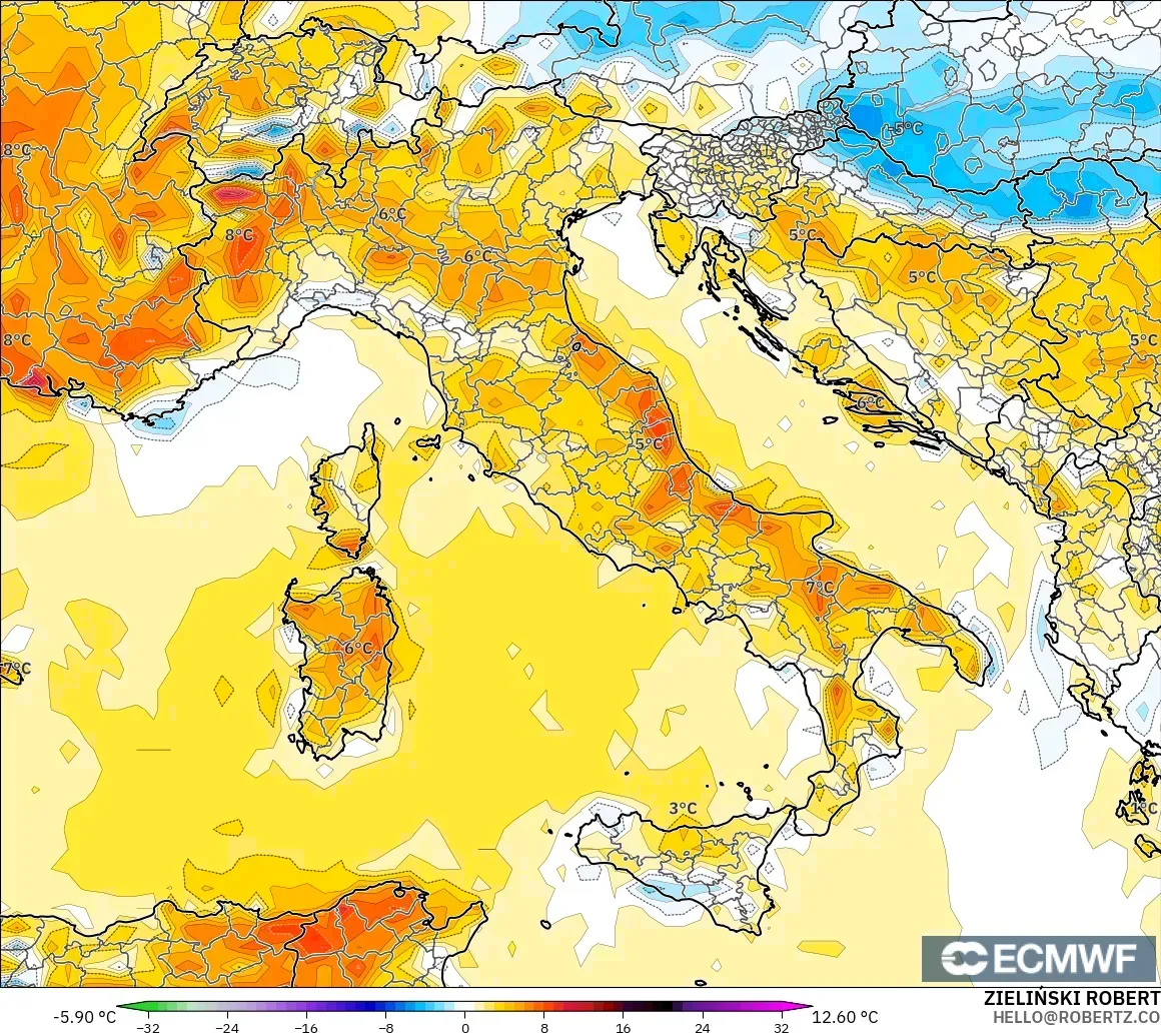 ECMWF IFS 0,25° modelo - Itália, Anomalia de temperatura a 2 m
