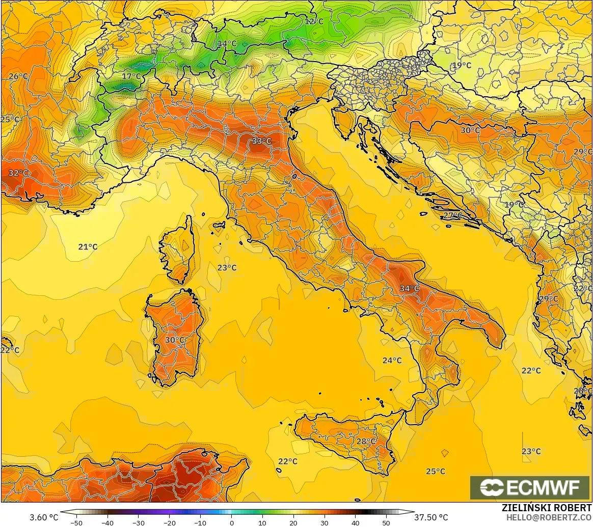 ECMWF IFS 0,25° modelo - Itália, Temperatura a 2 m