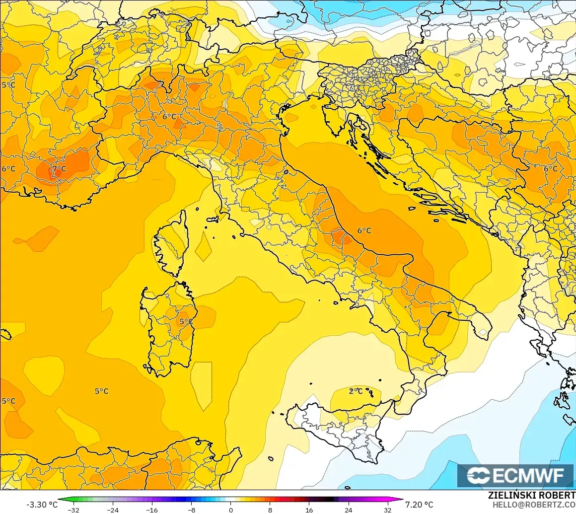 ECMWF IFS 0,25° modelo - Itália, Anomalia de temperatura a 850 hPa