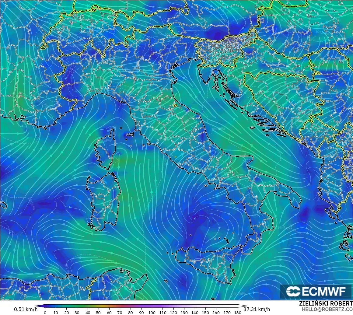 ECMWF IFS 0,25° modelo - Itália, Vento a 10 m