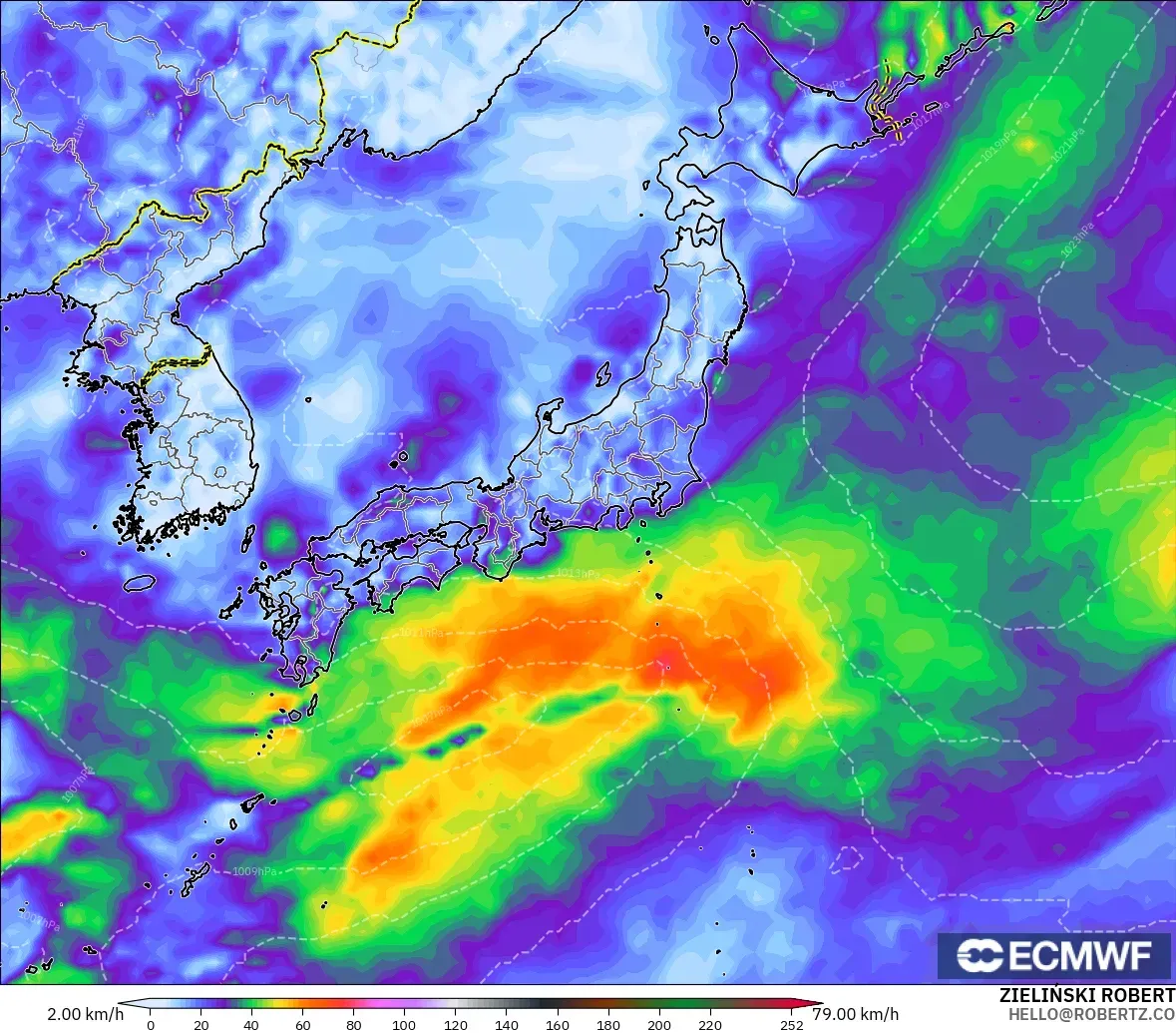 ECMWF IFS 0,25° modelo - Japão, Rajadas de vento