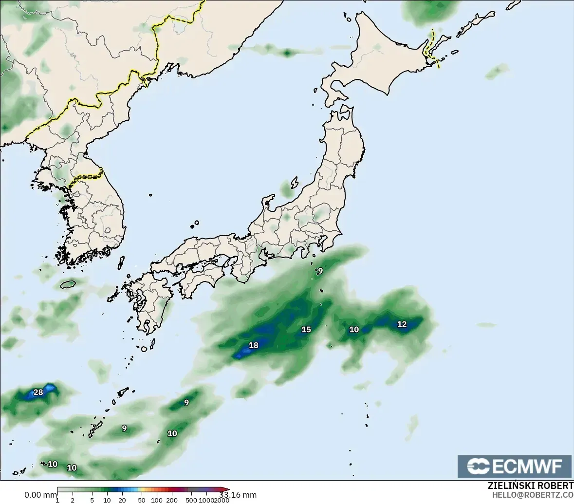 ECMWF IFS 0,25° modelo - Japão, Acúmulo de precipitação