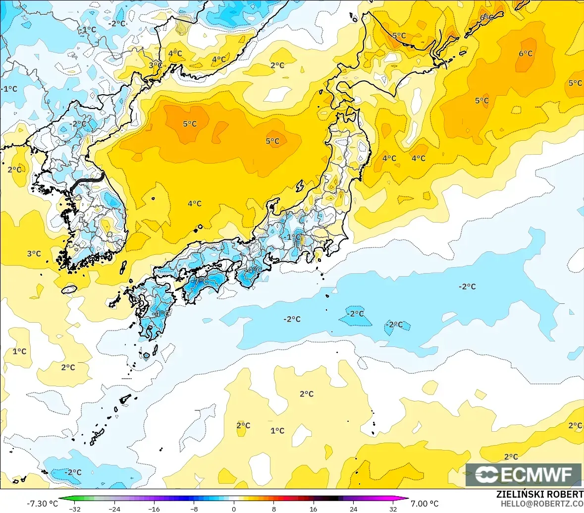 ECMWF IFS 0,25° modelo - Japão, Anomalia de temperatura a 2 m