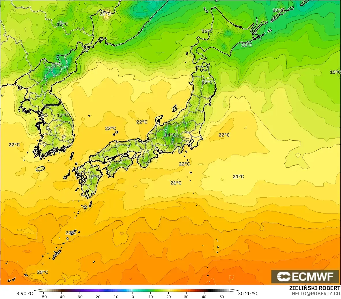 ECMWF IFS 0,25° modelo - Japão, Temperatura a 2 m