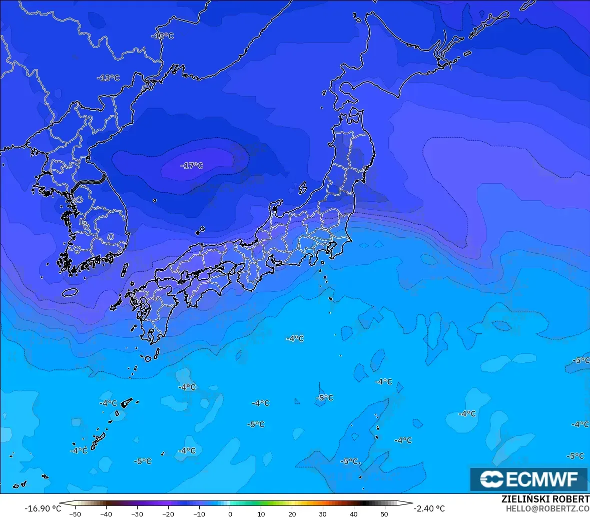 ECMWF IFS 0,25° modelo - Japão, Temperatura a 500 hPa