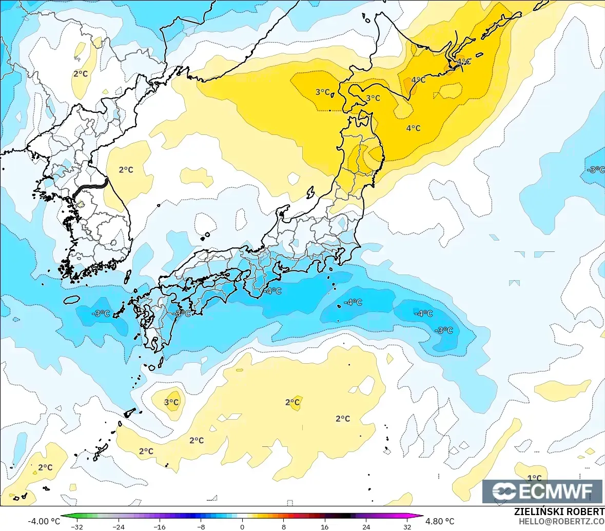 ECMWF IFS 0,25° modelo - Japão, Anomalia de temperatura a 850 hPa