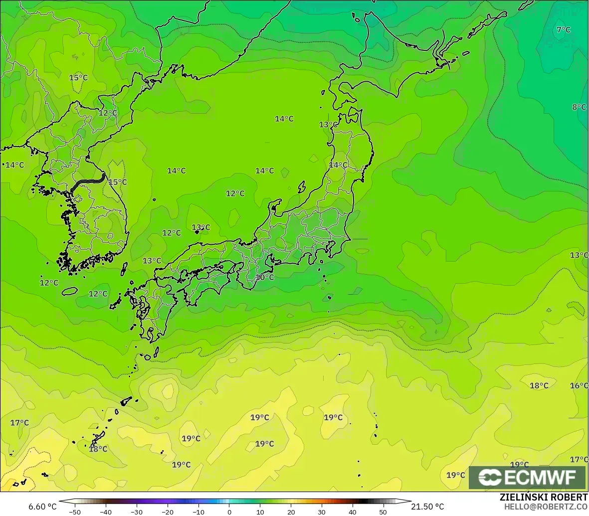 ECMWF IFS 0,25° modelo - Japão, Temperatura a 850 hPa