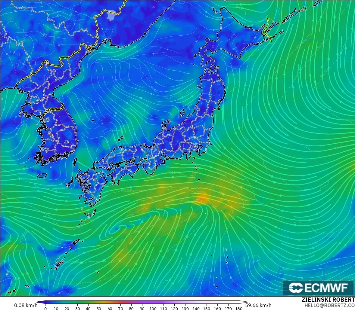 ECMWF IFS 0,25° modelo - Japão, Vento a 10 m