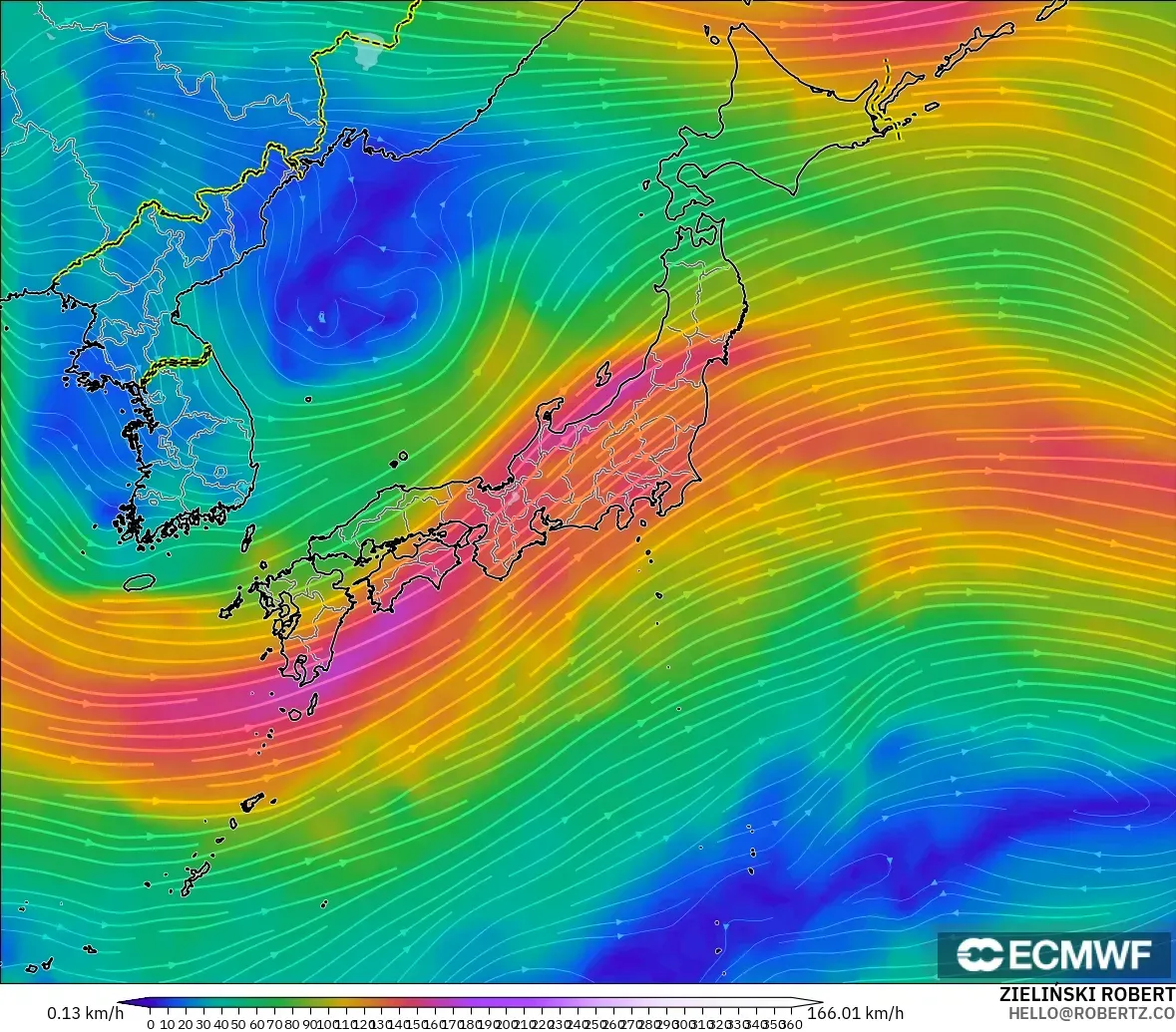 ECMWF IFS 0,25° modelo - Japão, Vento a 300 hPa (corrente em jato)