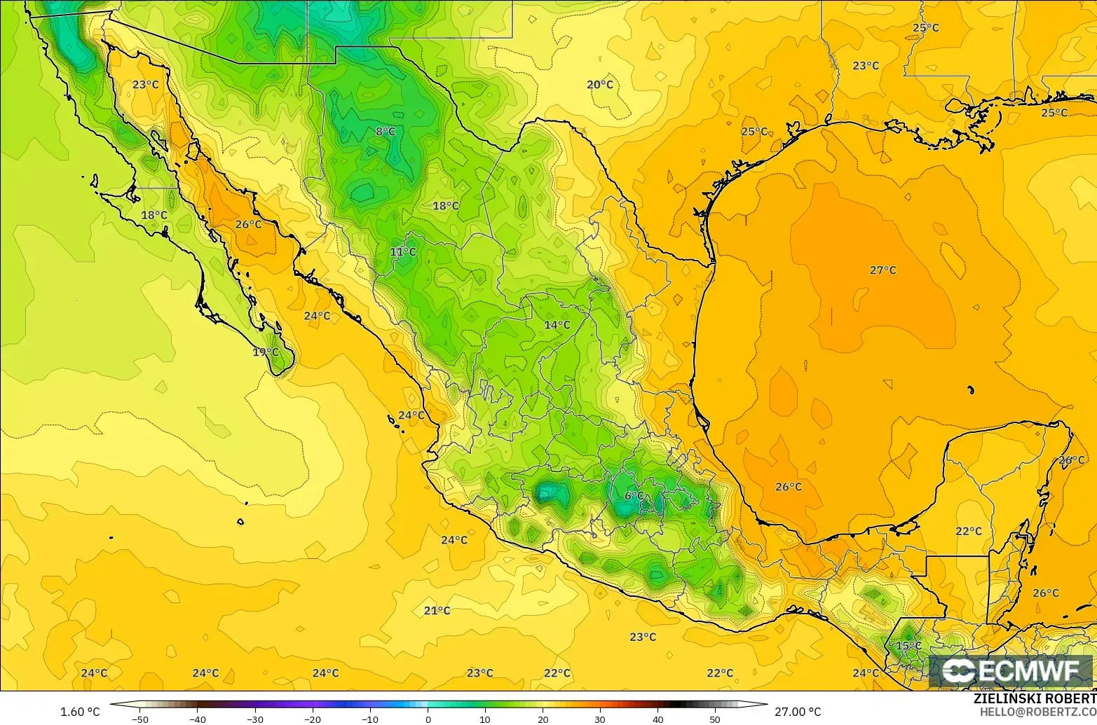 ECMWF IFS 0,25° modelo - México, Ponto de orvalho a 2 m