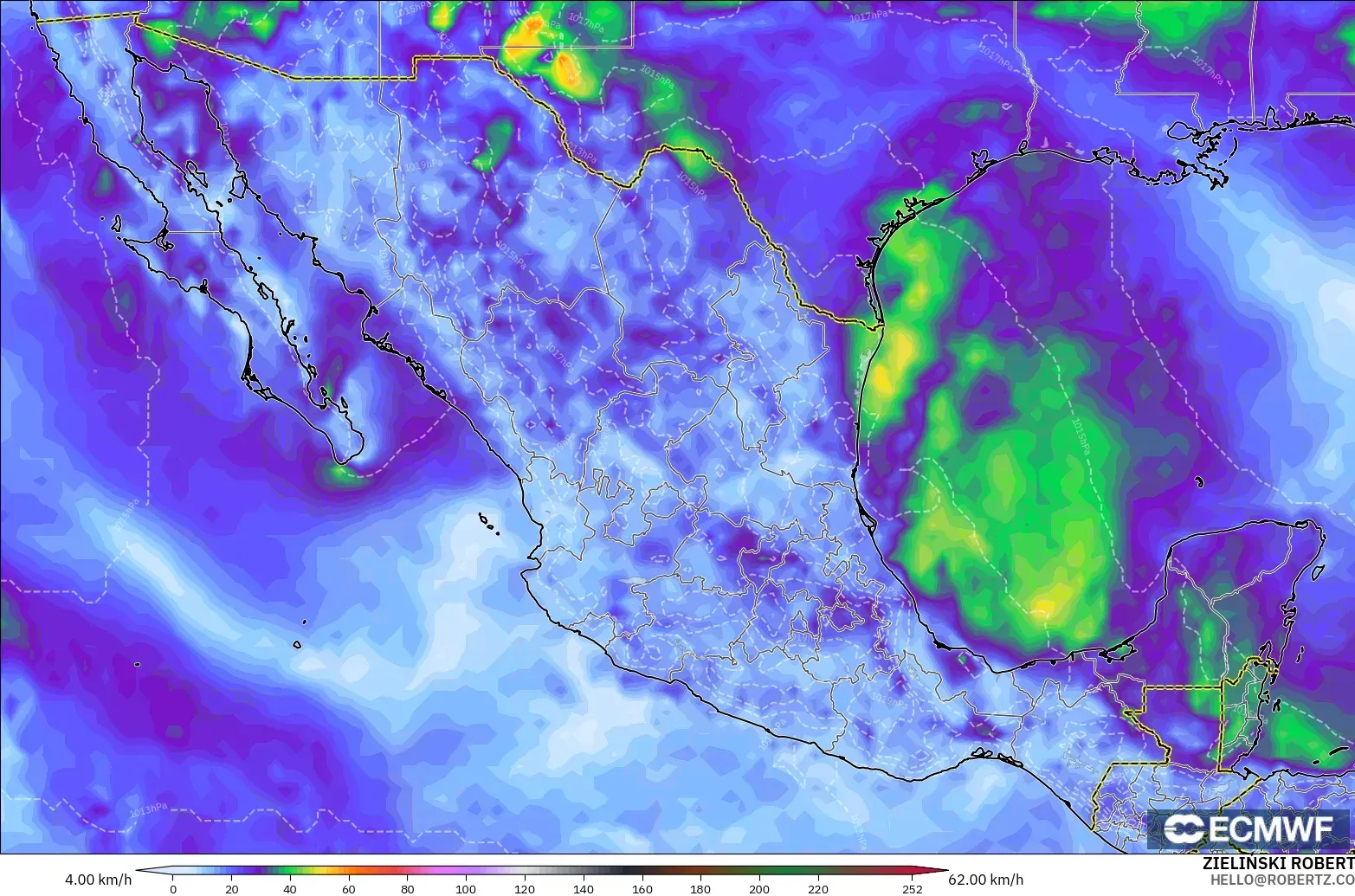 ECMWF IFS 0,25° modelo - México, Rajadas de vento