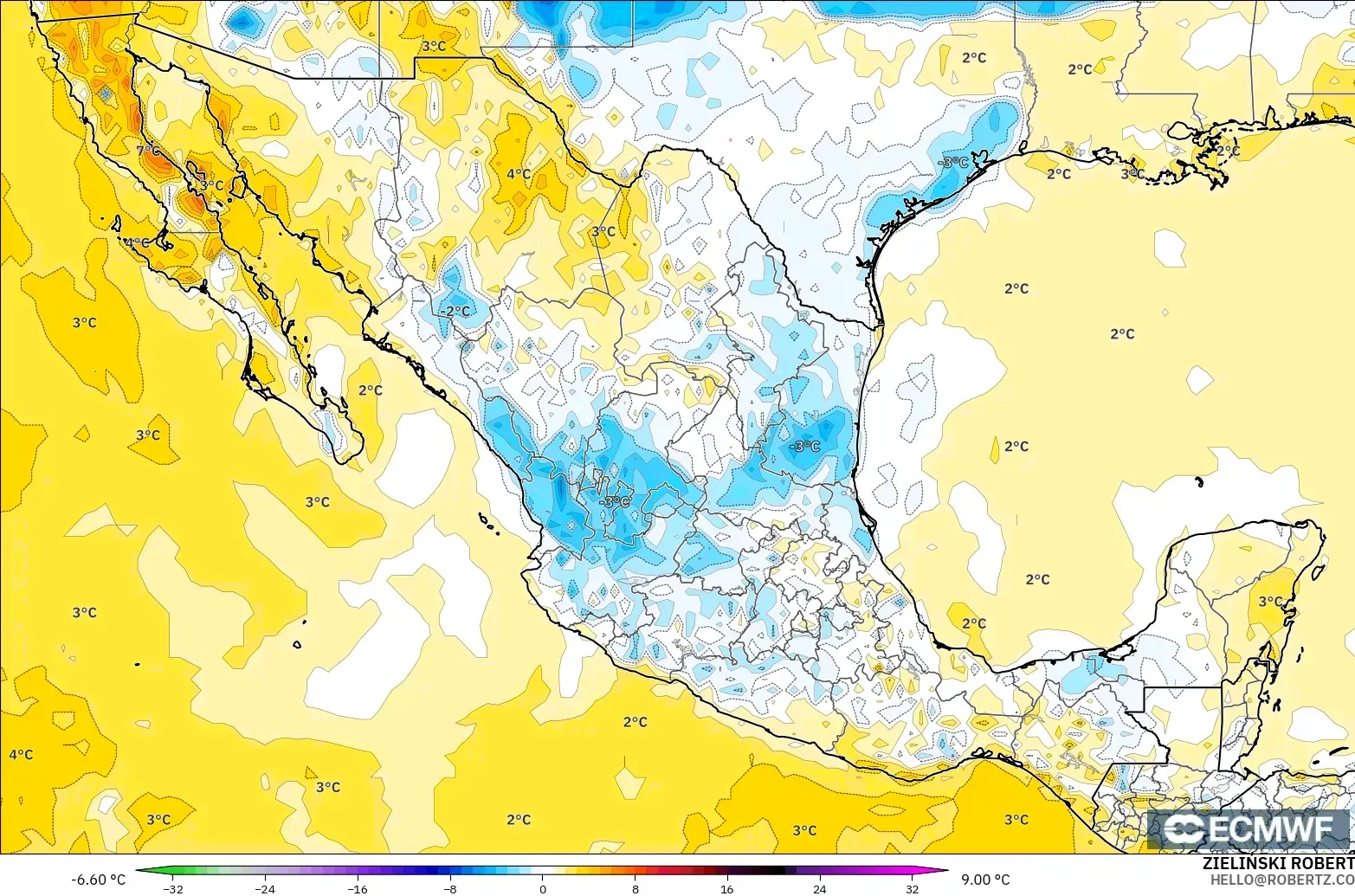 ECMWF IFS 0,25° modelo - México, Anomalia de temperatura a 2 m