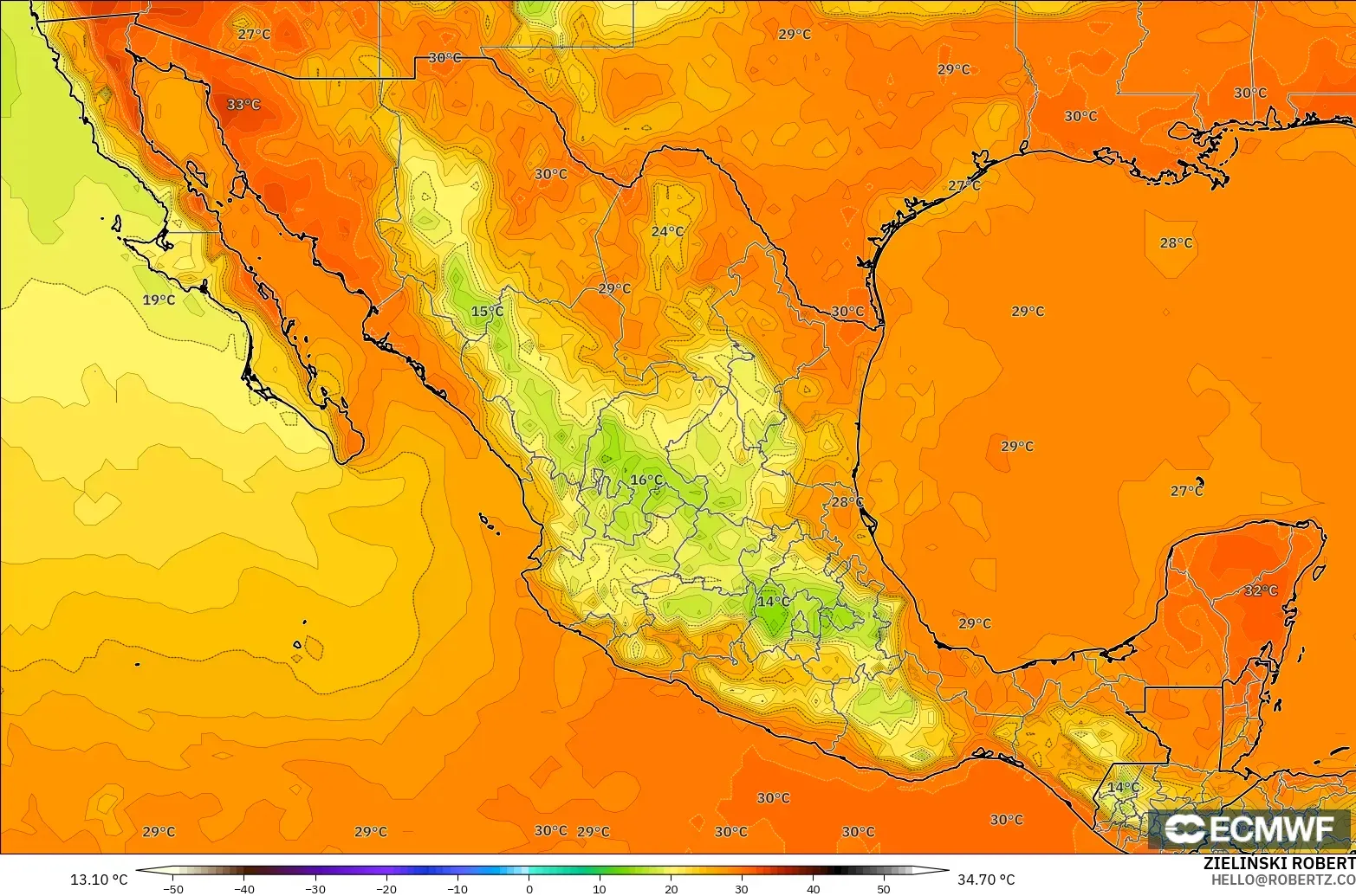 ECMWF IFS 0,25° modelo - México, Temperatura a 2 m