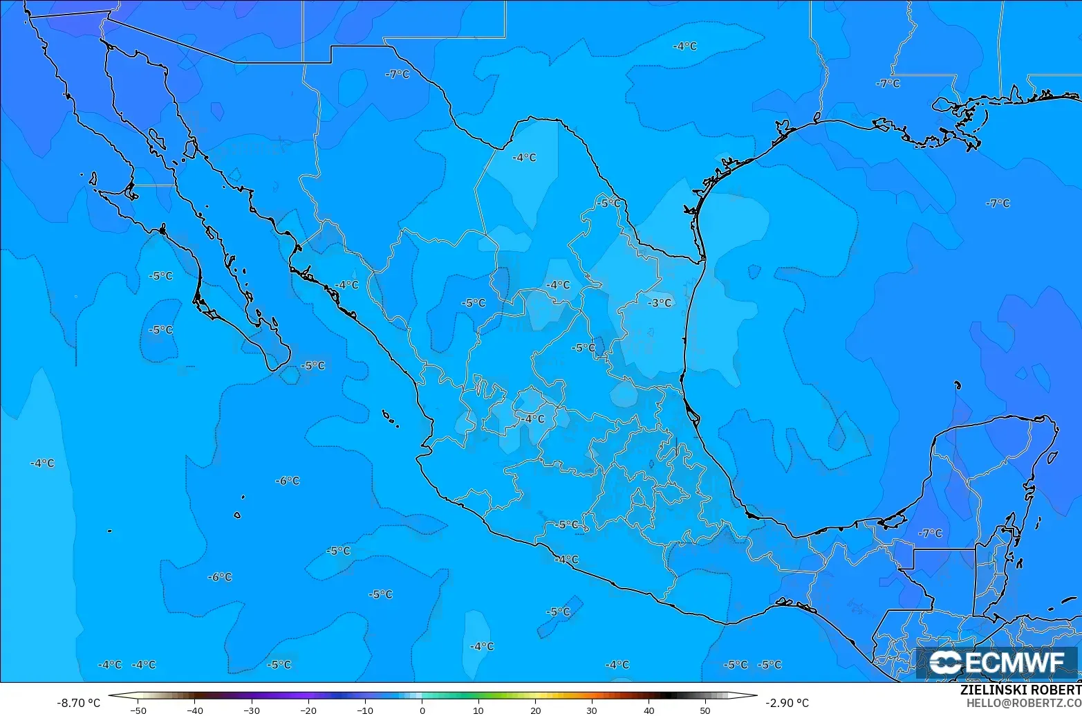 ECMWF IFS 0,25° modelo - México, Temperatura a 500 hPa