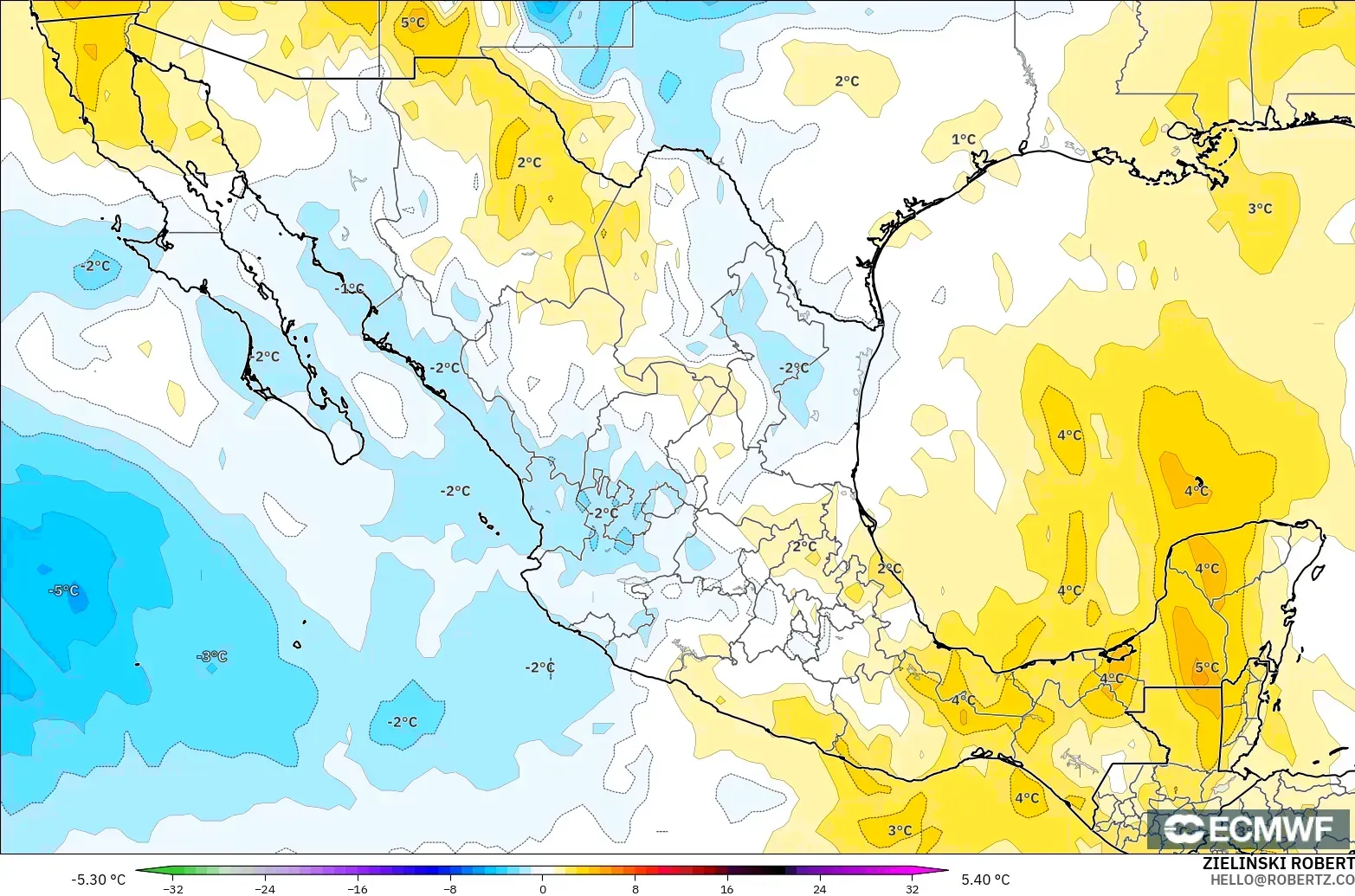ECMWF IFS 0,25° modelo - México, Anomalia de temperatura a 850 hPa