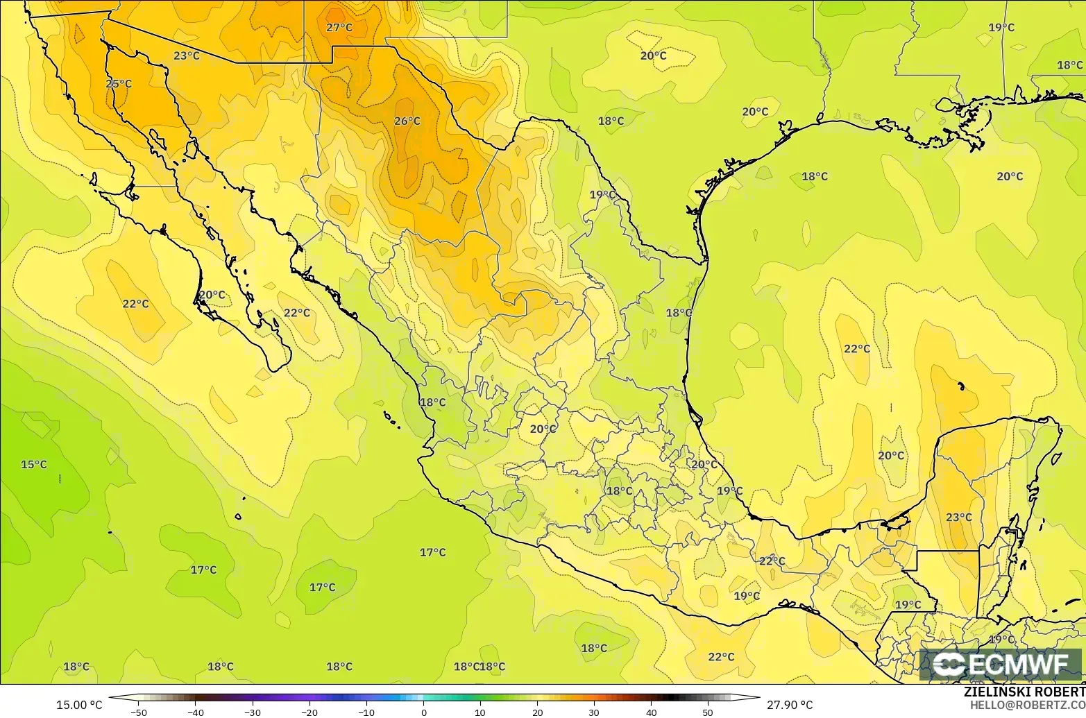 ECMWF IFS 0,25° modelo - México, Temperatura a 850 hPa