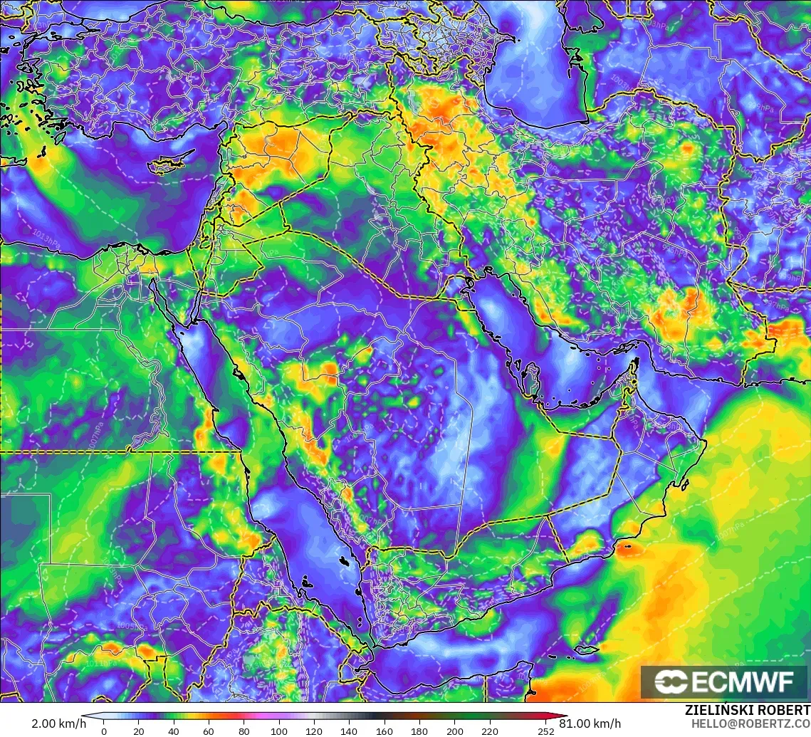 ECMWF IFS 0,25° modelo - Oriente Médio, Rajadas de vento