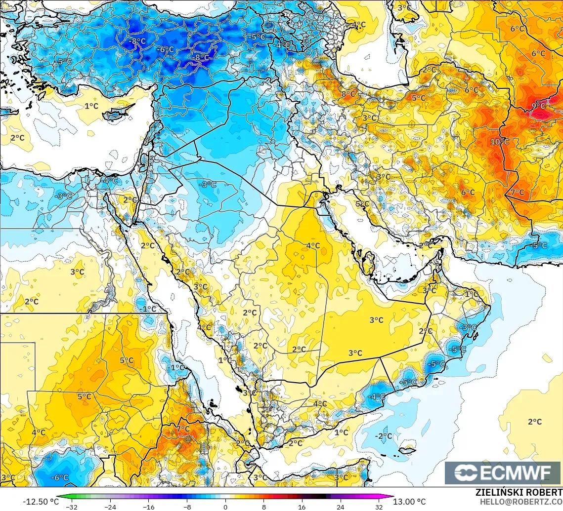 ECMWF IFS 0,25° modelo - Oriente Médio, Anomalia de temperatura a 2 m
