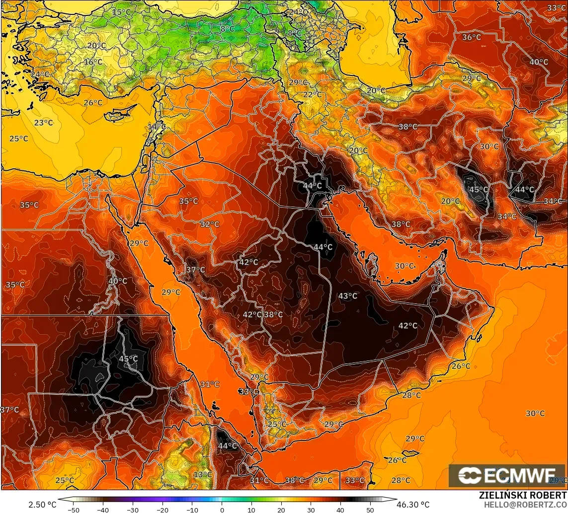ECMWF IFS 0,25° modelo - Oriente Médio, Temperatura a 2 m