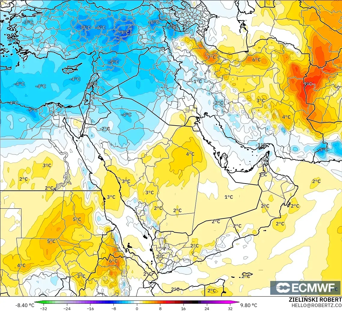 ECMWF IFS 0,25° modelo - Oriente Médio, Anomalia de temperatura a 850 hPa