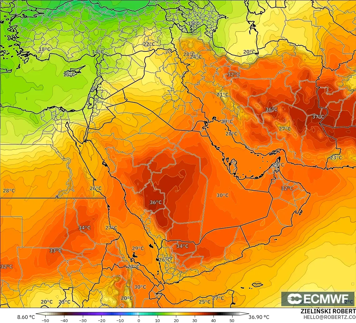 ECMWF IFS 0,25° modelo - Oriente Médio, Temperatura a 850 hPa
