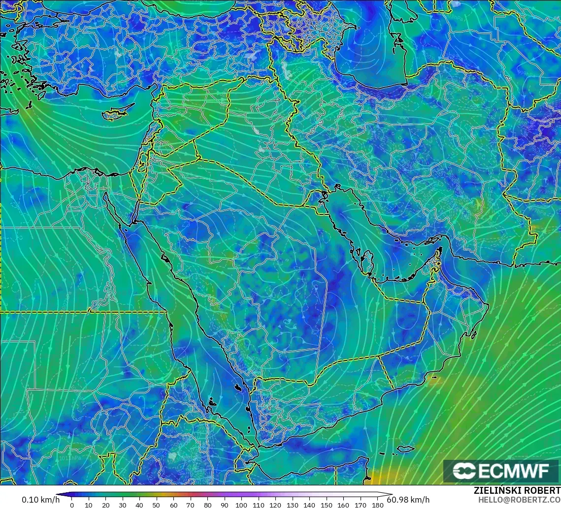 ECMWF IFS 0,25° modelo - Oriente Médio, Vento a 10 m