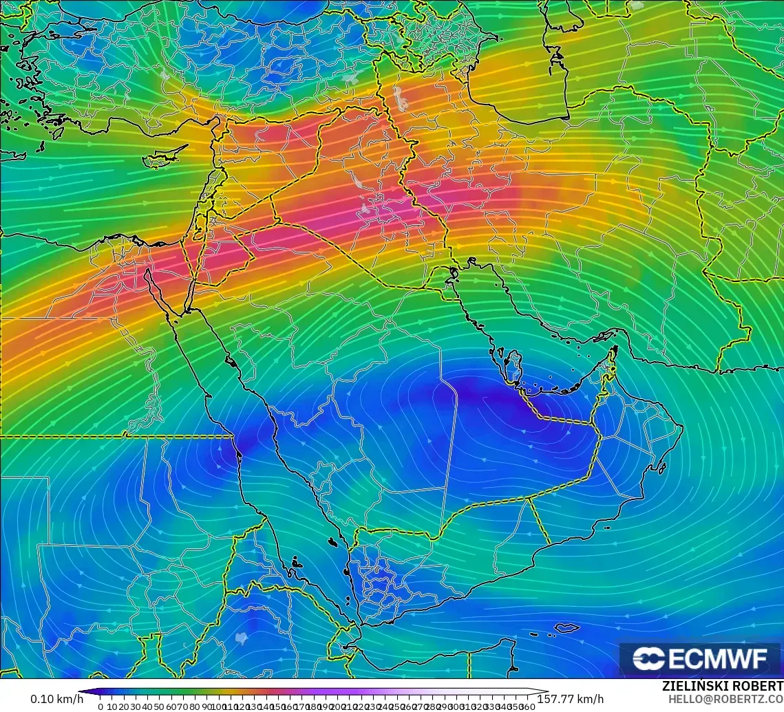 ECMWF IFS 0,25° modelo - Oriente Médio, Vento a 300 hPa (corrente em jato)