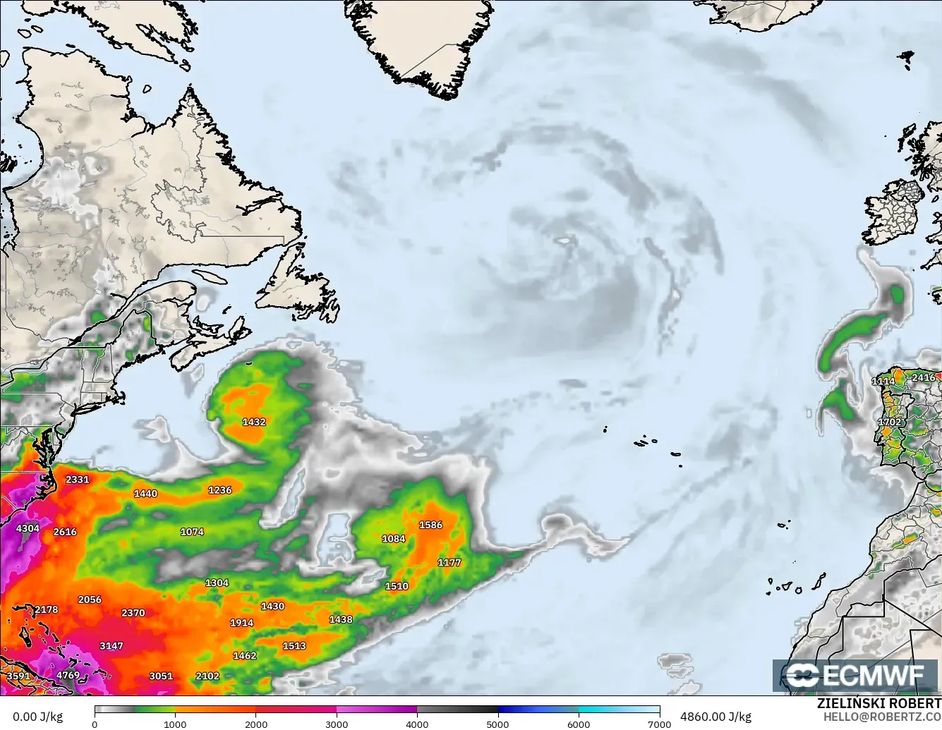 ECMWF IFS 0,25° modelo - Atlântico Norte, CAPE