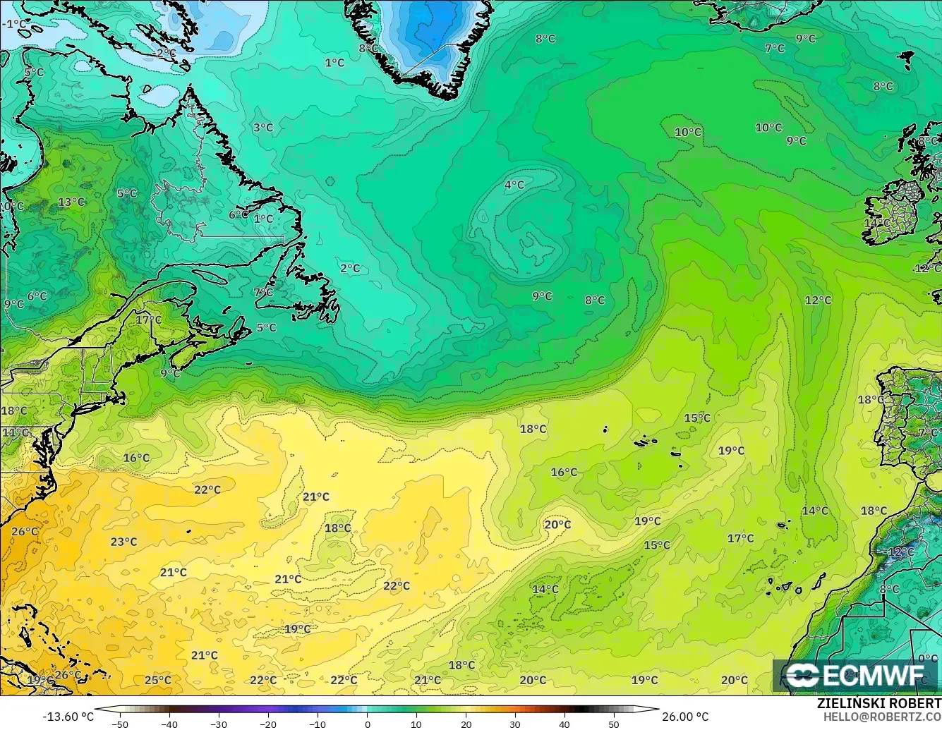 ECMWF IFS 0,25° modelo - Atlântico Norte, Ponto de orvalho a 2 m