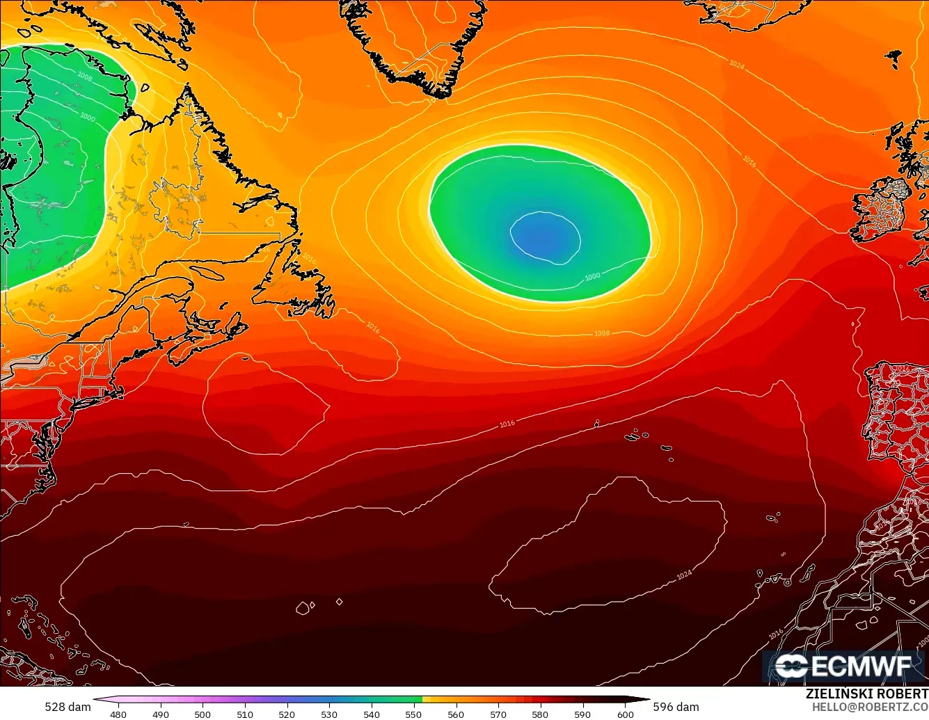ECMWF IFS 0,25° modelo - Atlântico Norte, Altura geopotencial a 500 hPa