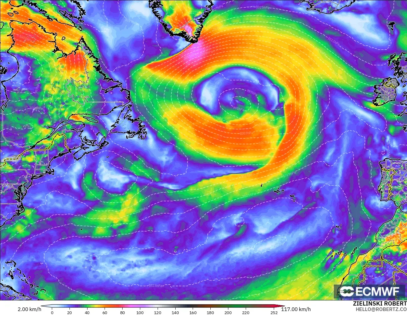 ECMWF IFS 0,25° modelo - Atlântico Norte, Rajadas de Vento Máximas
