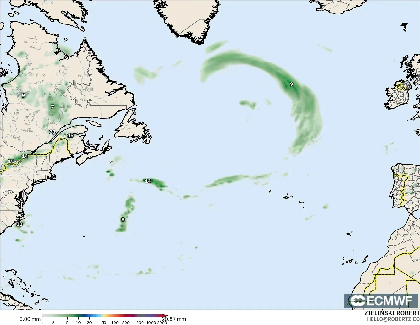 ECMWF IFS 0,25° modelo - Atlântico Norte, Acúmulo de precipitação