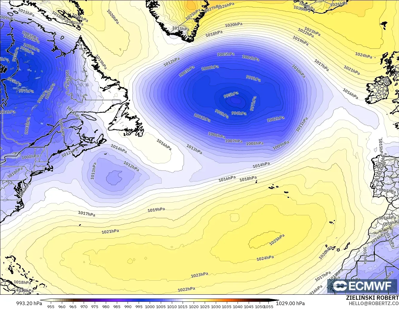 ECMWF IFS 0,25° modelo - Atlântico Norte, Pressão