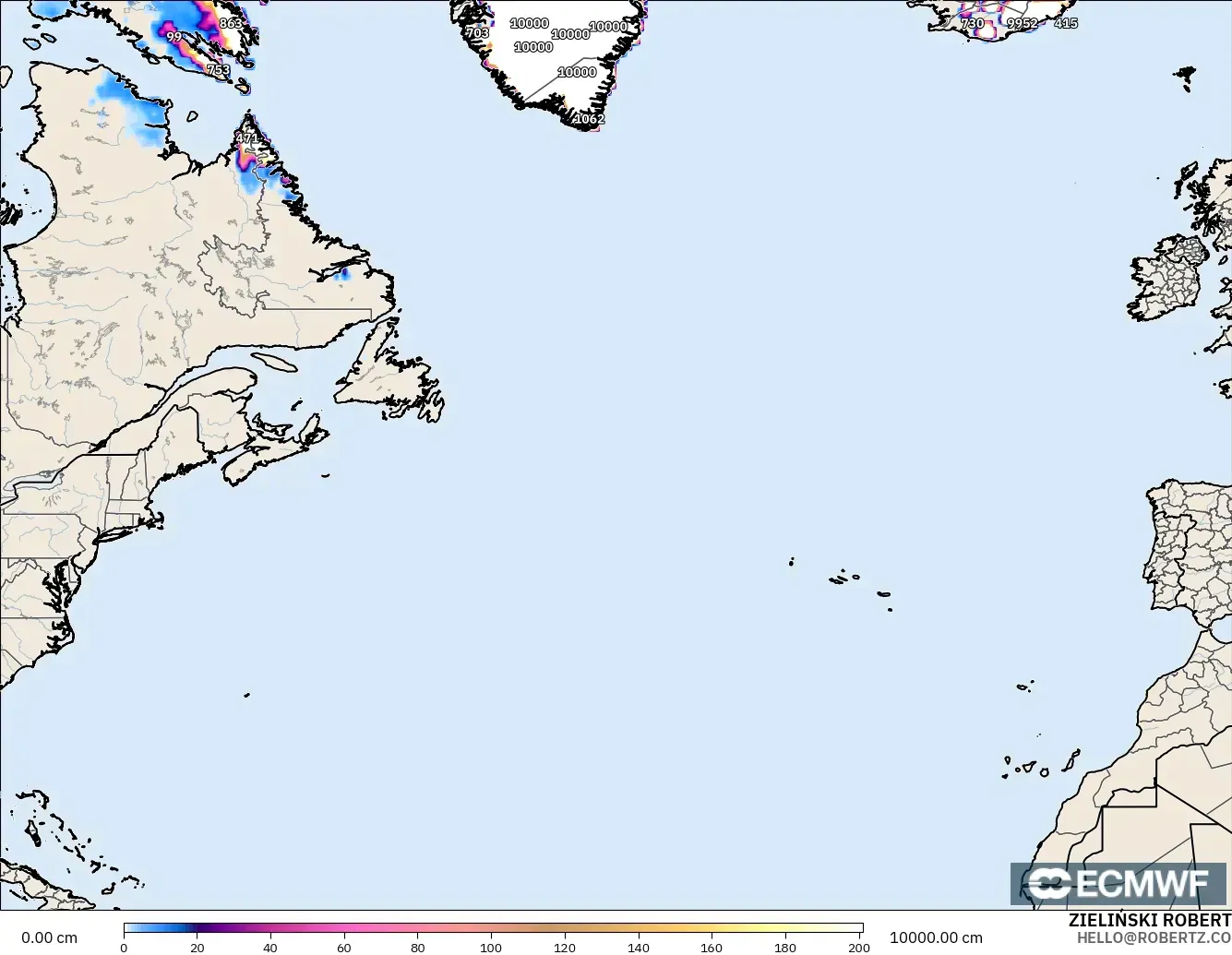 ECMWF IFS 0,25° modelo - Atlântico Norte, Profundidade da neve