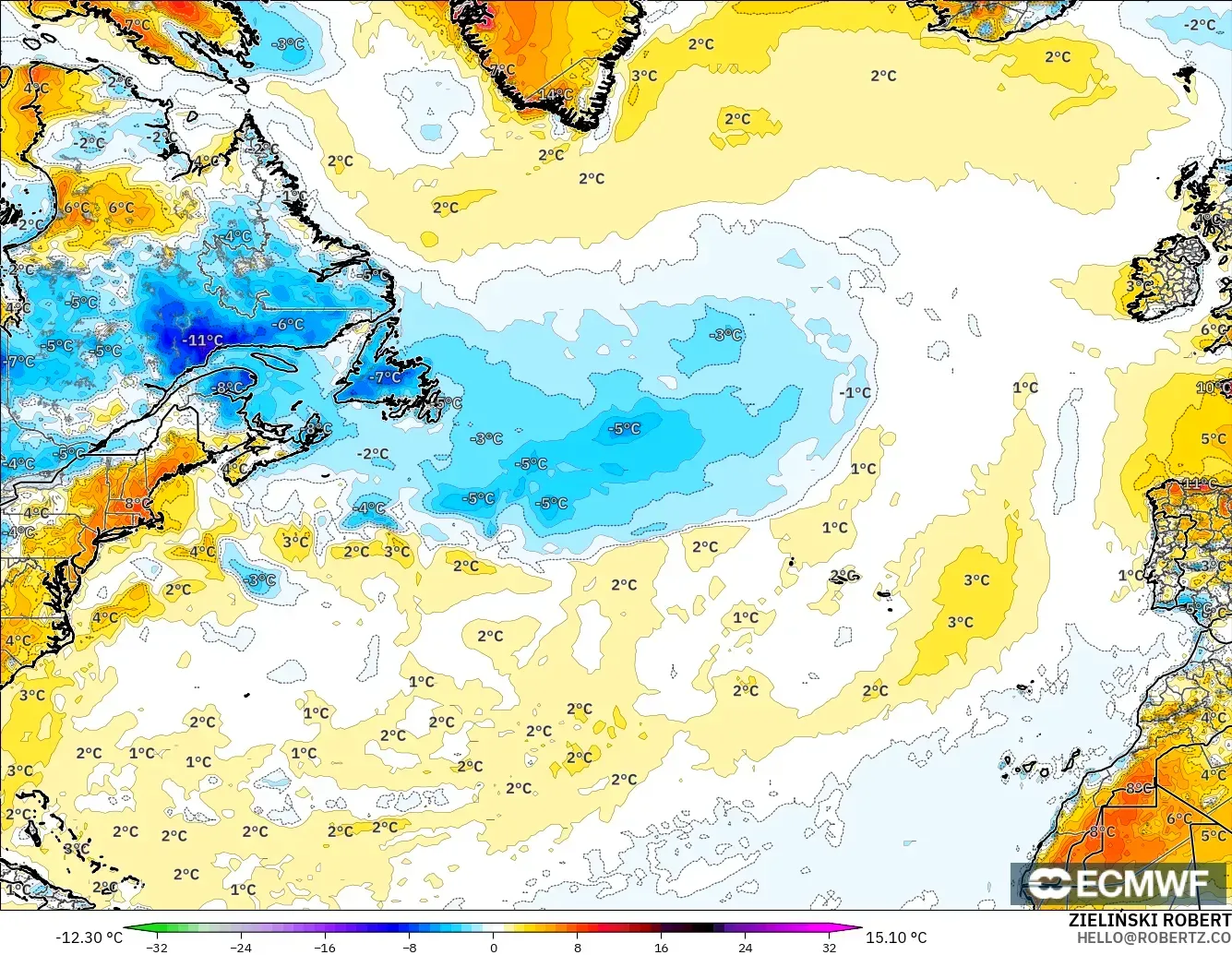 ECMWF IFS 0,25° modelo - Atlântico Norte, Anomalia de temperatura a 2 m
