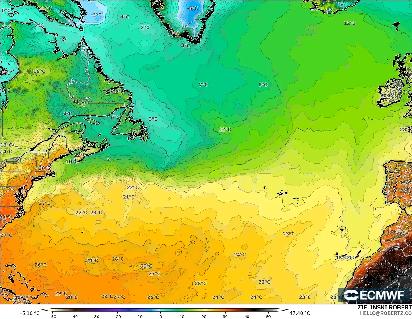 ECMWF IFS 0,25° modelo - Atlântico Norte, Temperatura a 2 m