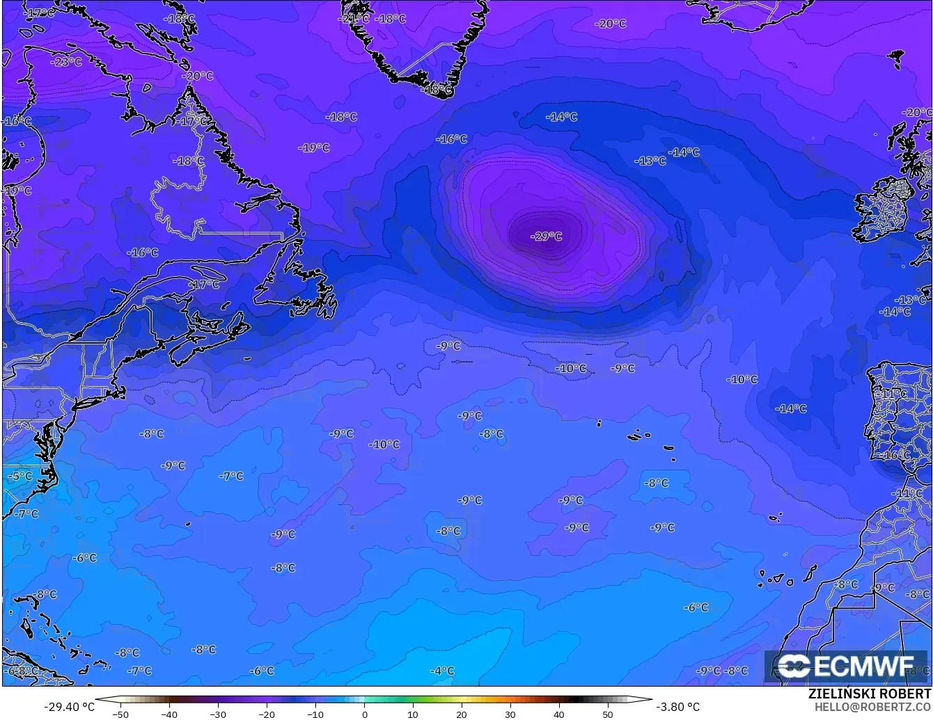 ECMWF IFS 0,25° modelo - Atlântico Norte, Temperatura a 500 hPa