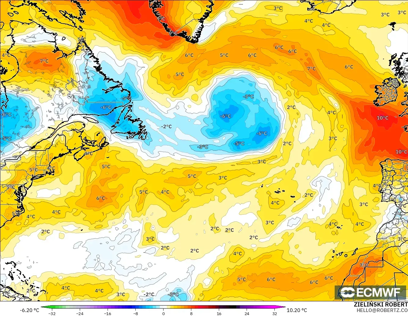 ECMWF IFS 0,25° modelo - Atlântico Norte, Anomalia de temperatura a 850 hPa