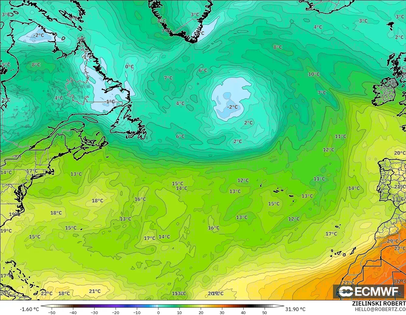 ECMWF IFS 0,25° modelo - Atlântico Norte, Temperatura a 850 hPa