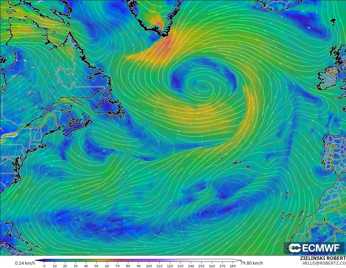 ECMWF IFS 0,25° modelo - Atlântico Norte, Vento a 10 m