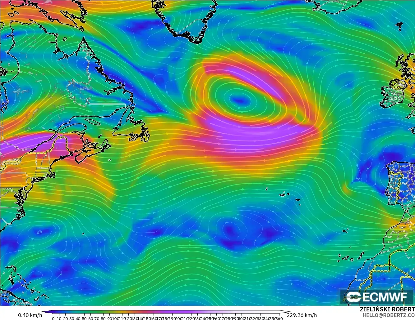 ECMWF IFS 0,25° modelo - Atlântico Norte, Vento a 300 hPa (corrente em jato)