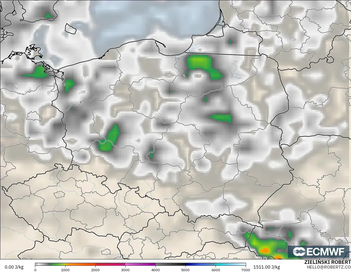 ECMWF IFS 0,25° modelo - Polônia, CAPE
