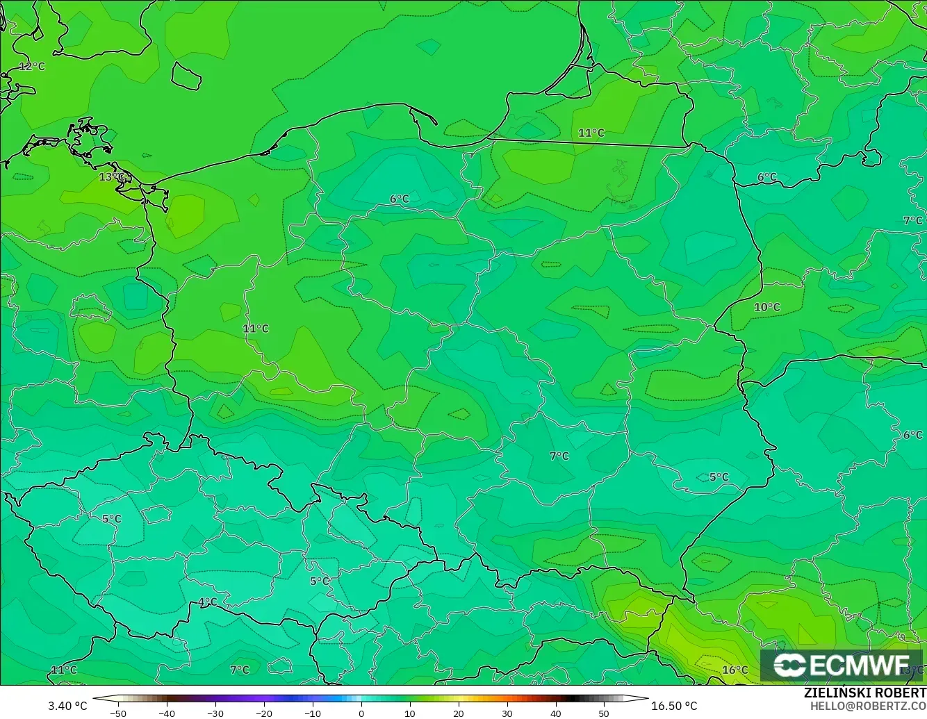 ECMWF IFS 0,25° modelo - Polônia, Ponto de orvalho a 2 m